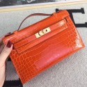 Best Quality Fake Hermes Orange Kelly Pochette Shiny Niloticus Crocodile Bag HT00657