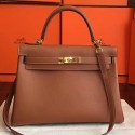 Copy Hermes Brown Swift Kelly Retourne 32cm Handmade Bag HT01249