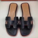 Designer Replica Hermes Oran Sandals In Black Swift Leather HT00973