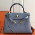 Hermes Blue Lin Clemence Kelly 25cm GHW Bag HT01309