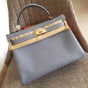 Hermes Blue Lin Clemence Kelly Retourne 32cm Handmade Bag HT01218