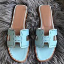 Hermes Oran Perforated Sandals In Blue Atoll Epsom Leather HT00852