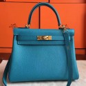 Hermes Turquoise Clemence Kelly Retourne 28cm Handmade Bag HT00298