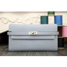 Hermes Kelly Longue Wallet In Blue Lin Clemence Leather HT00603