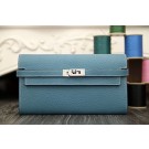 Hermes Kelly Longue Wallet In Jean Blue Clemence Leather HT00266