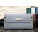 Replica Top Hermes Kelly Longue Wallet In Blue Lin Epsom Leather HT00386