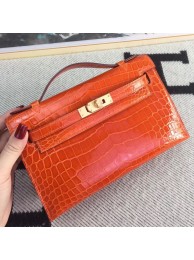 Best Quality Fake Hermes Orange Kelly Pochette Shiny Niloticus Crocodile Bag HT00657