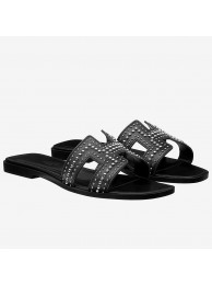 Best Replica Hermes Oran Studs Sandals In Black Leather HT01362