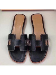 Designer Replica Hermes Oran Sandals In Black Swift Leather HT00973