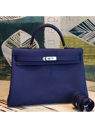 Hermes Blue Clemence Kelly 35cm Handmade Bag HT00378