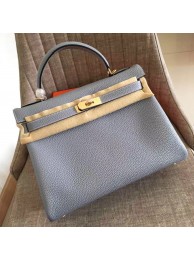 Hermes Blue Lin Clemence Kelly Retourne 32cm Handmade Bag HT01218